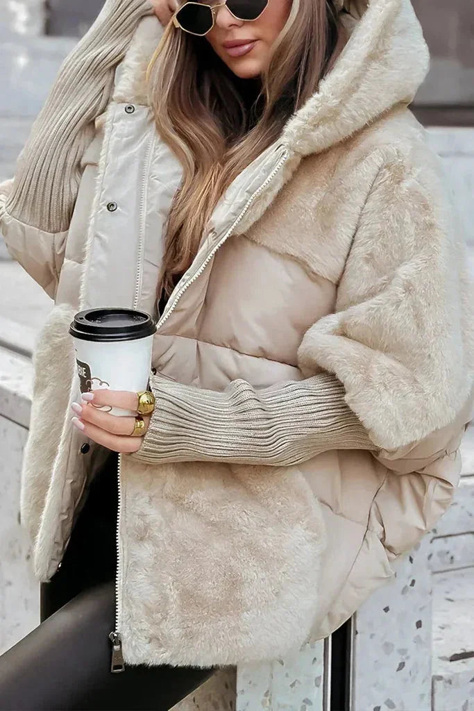 Puffer Jacket – Beige Oversized Faux Fur Collar Hooded