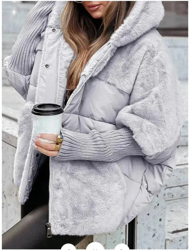 Puffer Jacket – Beige Oversized Faux Fur Collar Hooded