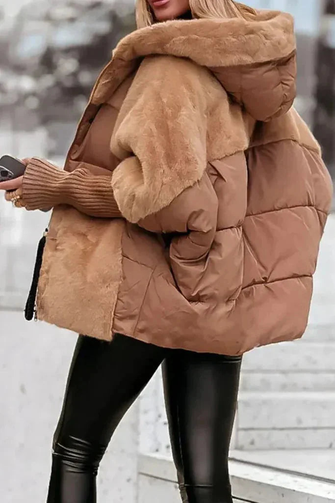 Puffer Jacket – Beige Oversized Faux Fur Collar Hooded