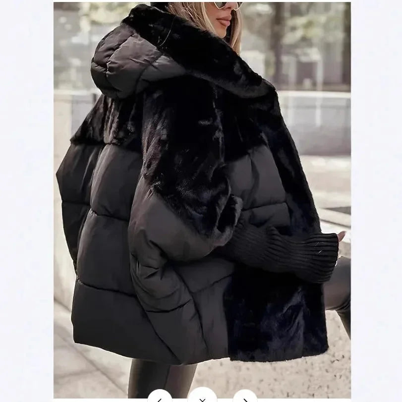 Puffer Jacket – Beige Oversized Faux Fur Collar Hooded