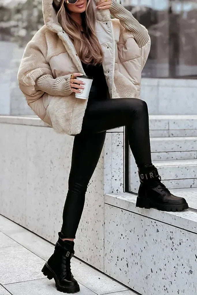 Puffer Jacket – Beige Oversized Faux Fur Collar Hooded