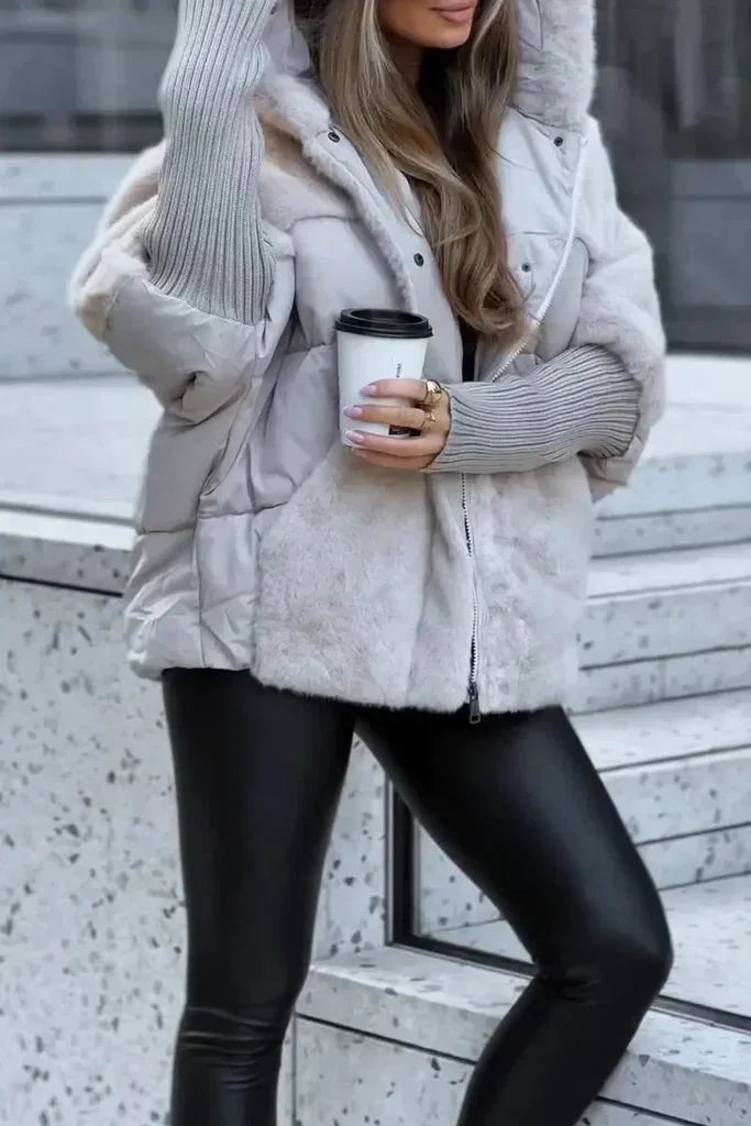 Puffer Jacket – Beige Oversized Faux Fur Collar Hooded