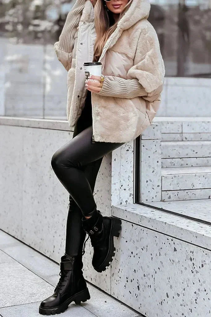 Puffer Jacket – Beige Oversized Faux Fur Collar Hooded