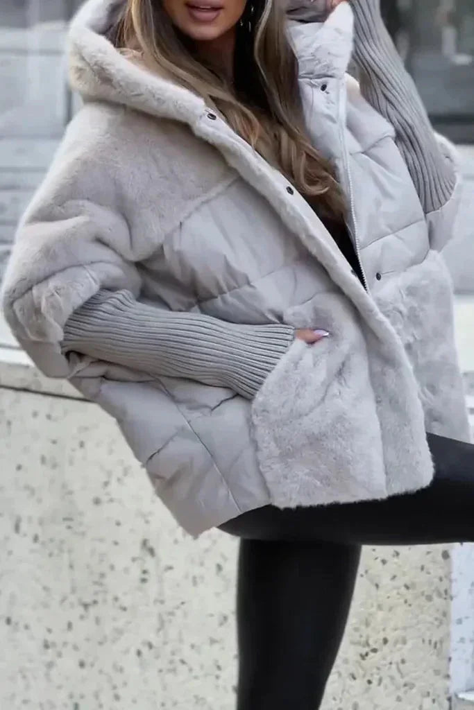 Puffer Jacket – Beige Oversized Faux Fur Collar Hooded