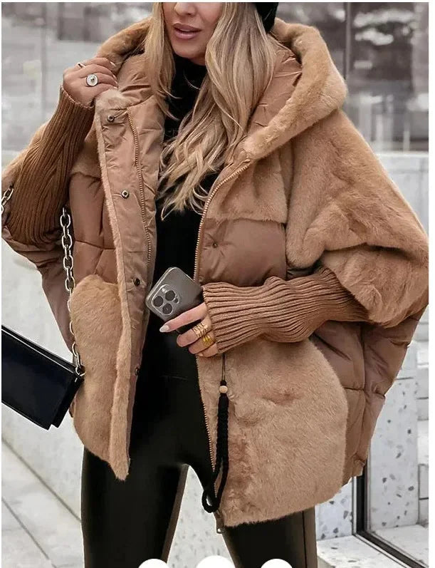 Puffer Jacket – Beige Oversized Faux Fur Collar Hooded