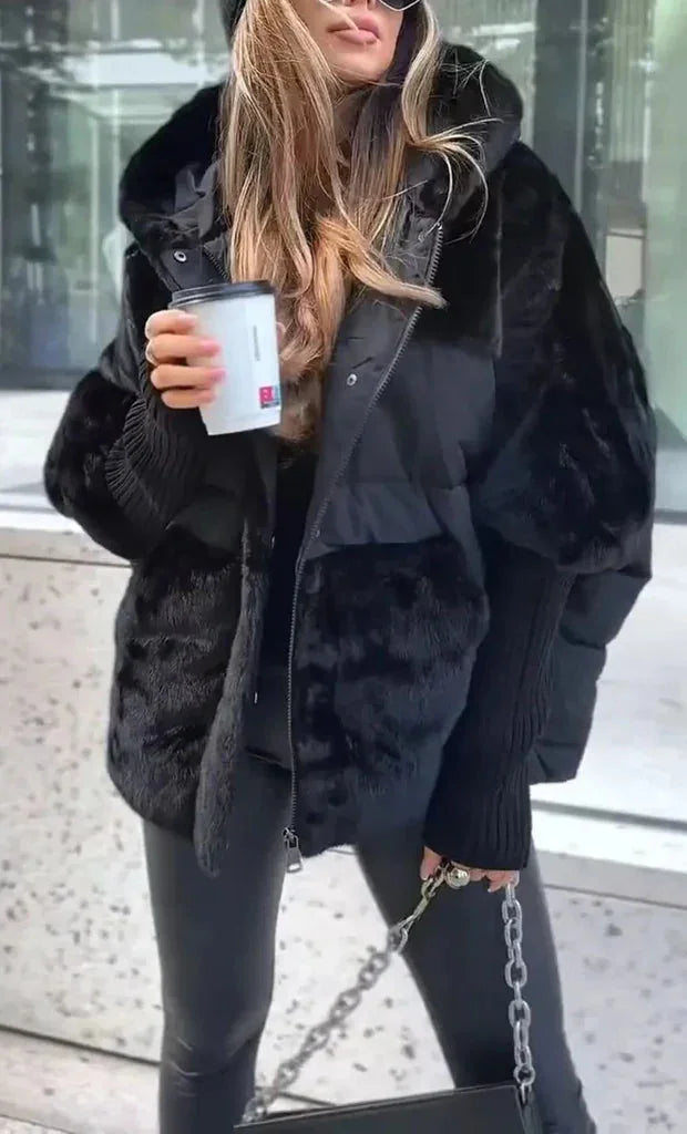 Puffer Jacket – Beige Oversized Faux Fur Collar Hooded