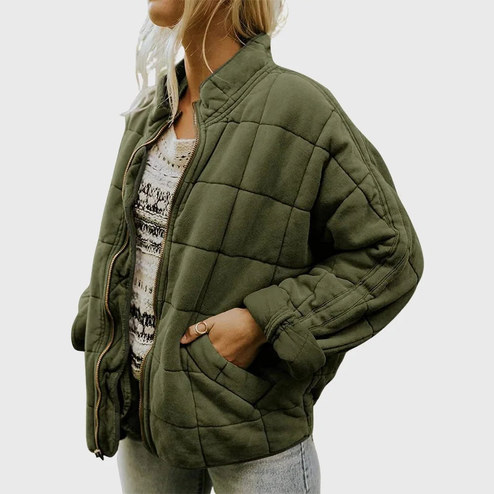 Quilted Bomber Jacket – Green Oversized Zip-Front