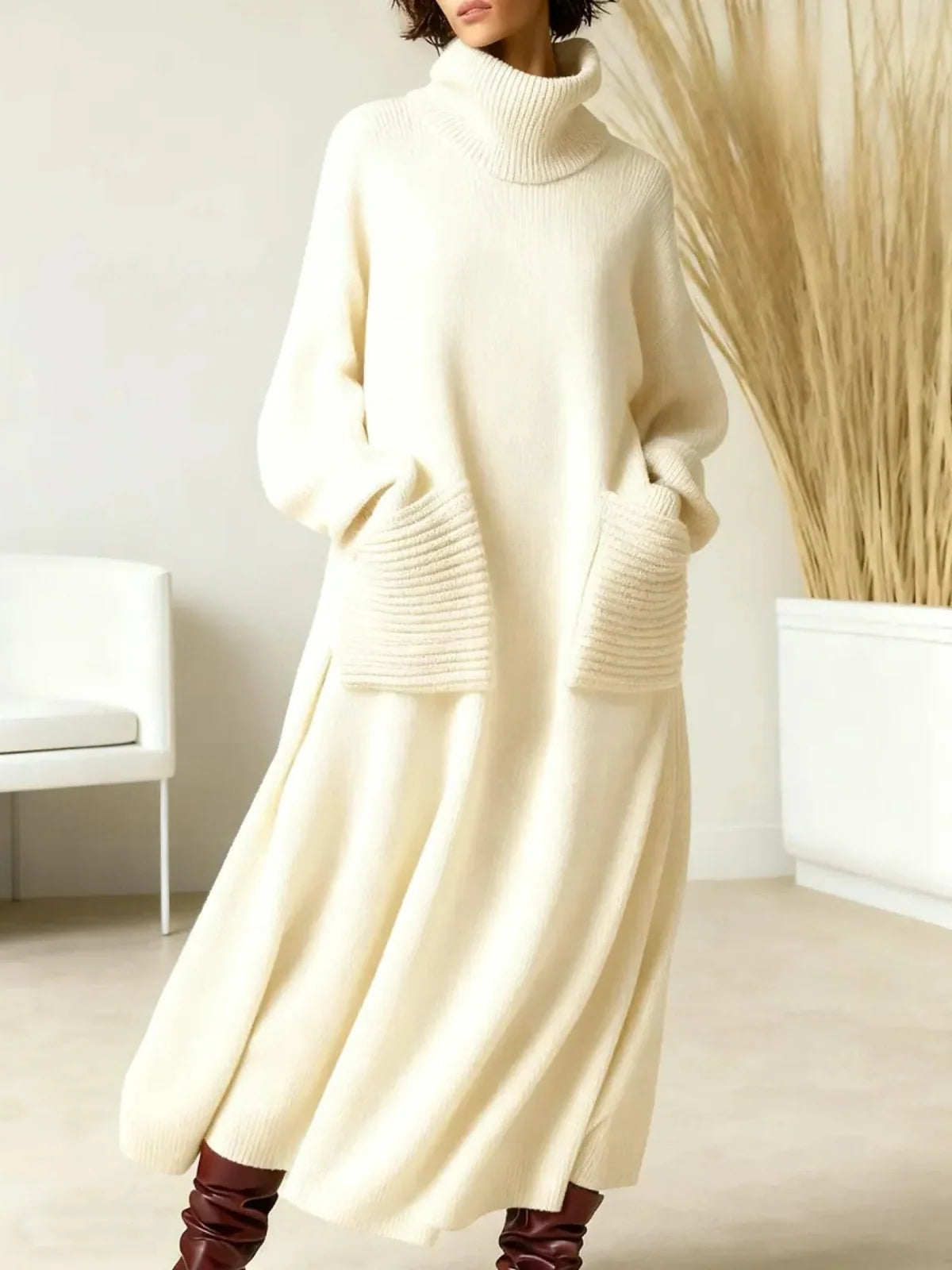Roll Neck Ribbed Knit Maxi Dress