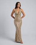 Sequin Maxi Dress with Cowl Halter Neck