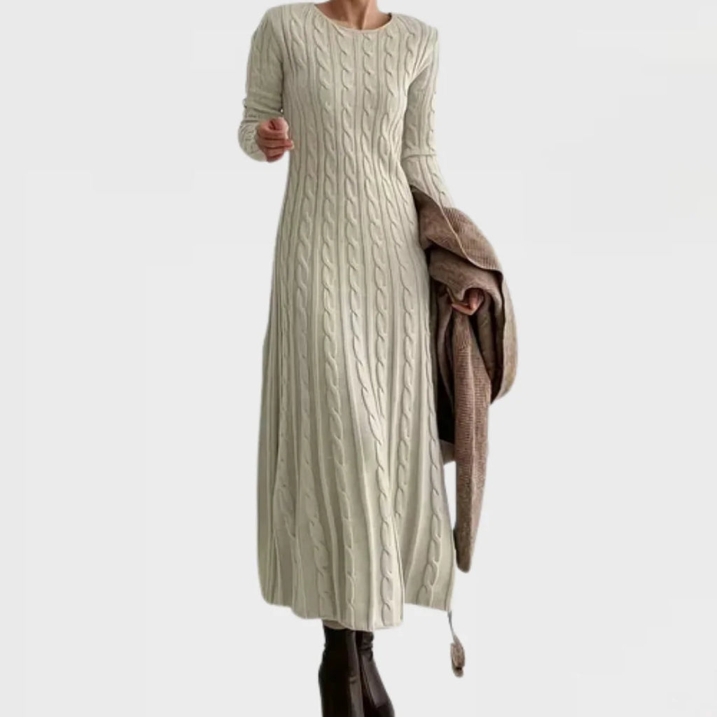 Sweater Dress – Cream Cable Knit Ribbed Fitted Midi