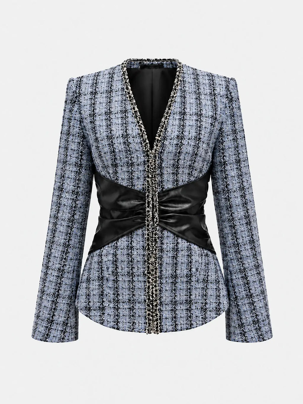 Tabitha Tweed Blazer Faux Leather Waist Long Sleeve
