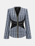 Tabitha Tweed Blazer Faux Leather Waist Long Sleeve