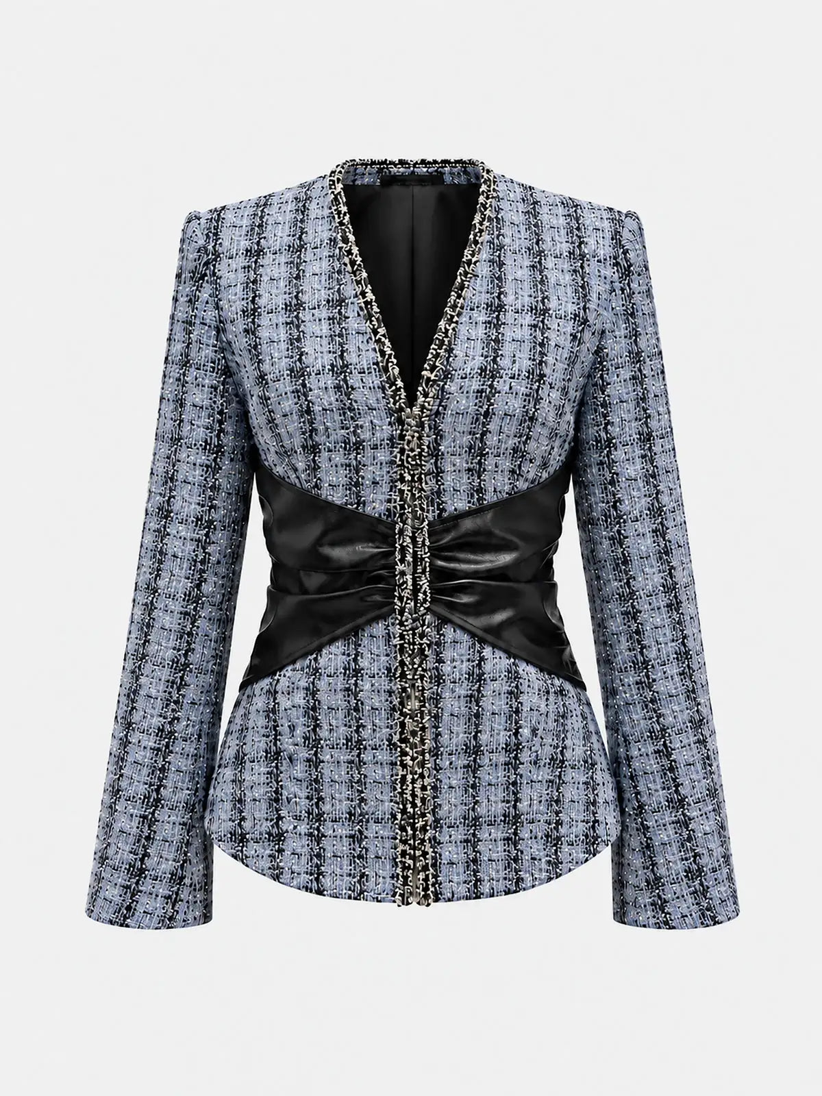 Tabitha Tweed Blazer Faux Leather Waist Long Sleeve