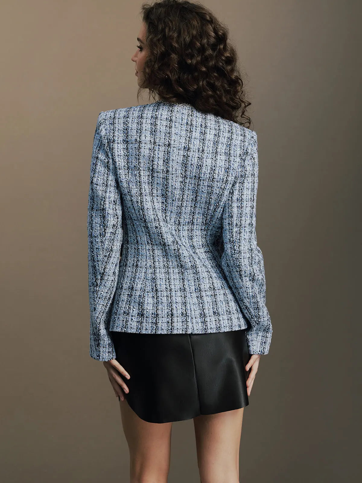 Tabitha Tweed Blazer Faux Leather Waist Long Sleeve