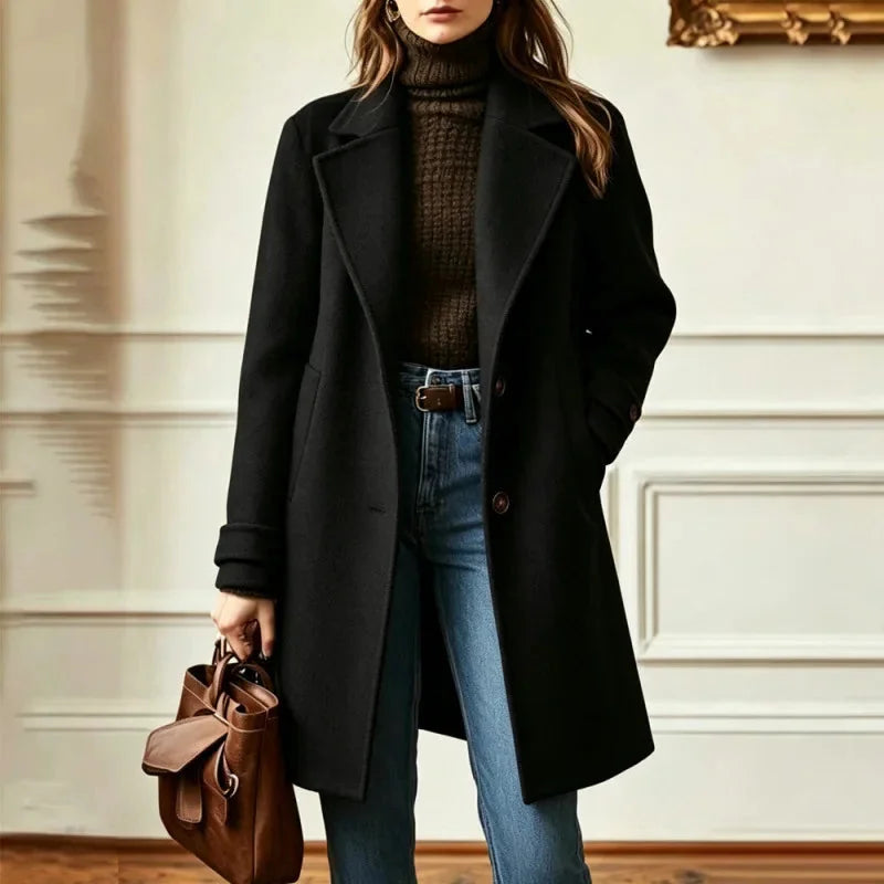 Wool Coat Women – Camel Long Wool Coat with Notch Lapel