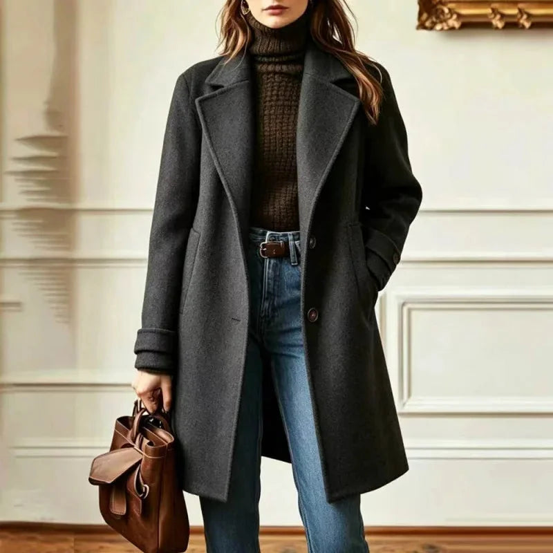 Wool Coat Women – Camel Long Wool Coat with Notch Lapel