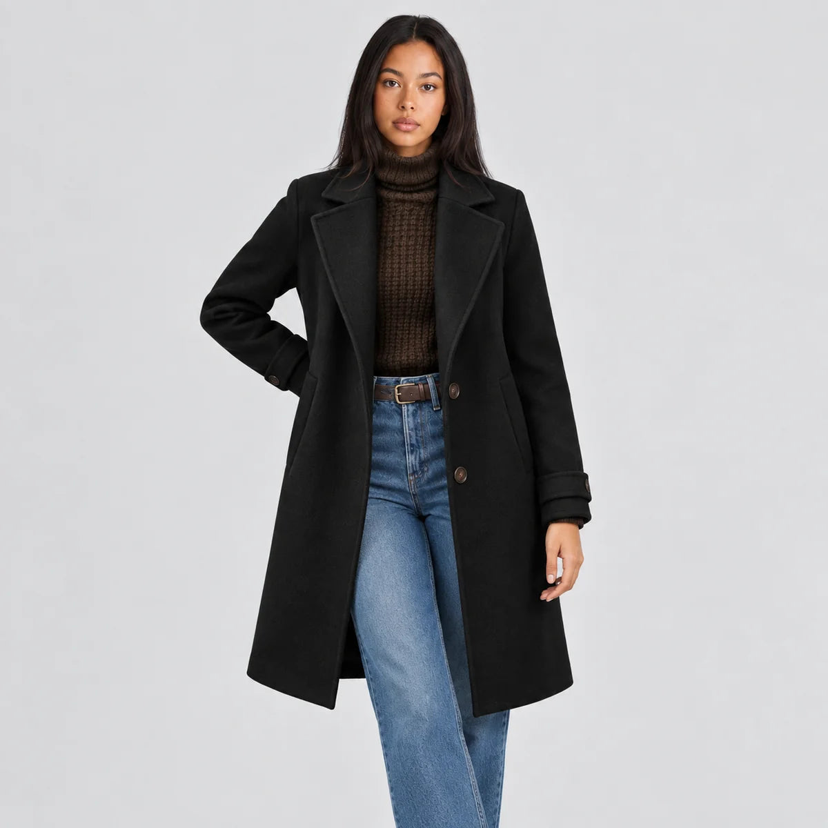 Wool Coat Women – Camel Long Wool Coat with Notch Lapel
