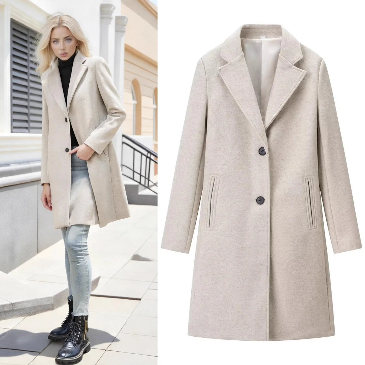 Wool Coat Women Longline Wool Blend Single Breasted
