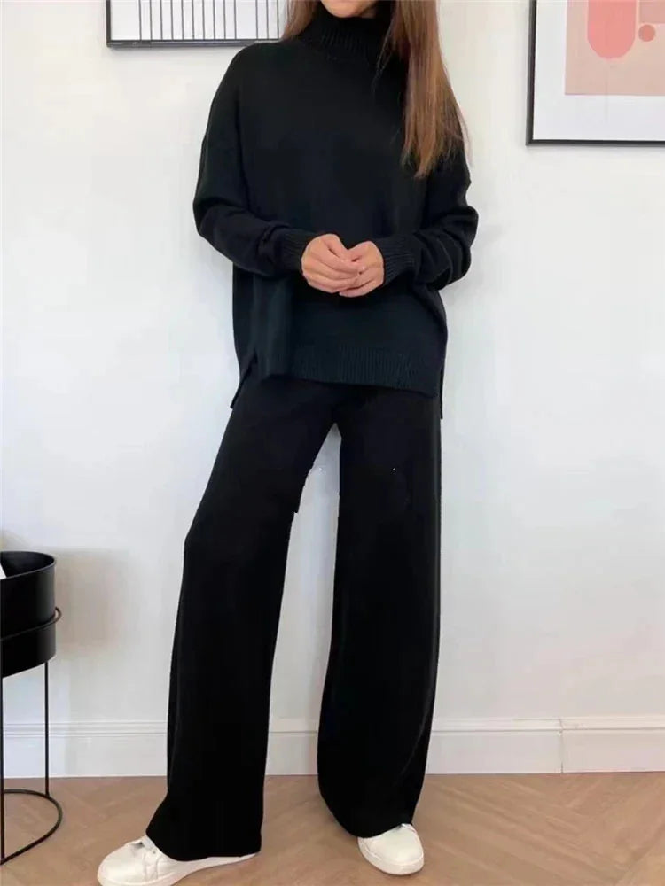 Knit Lounge Set with Longline Top — Black
