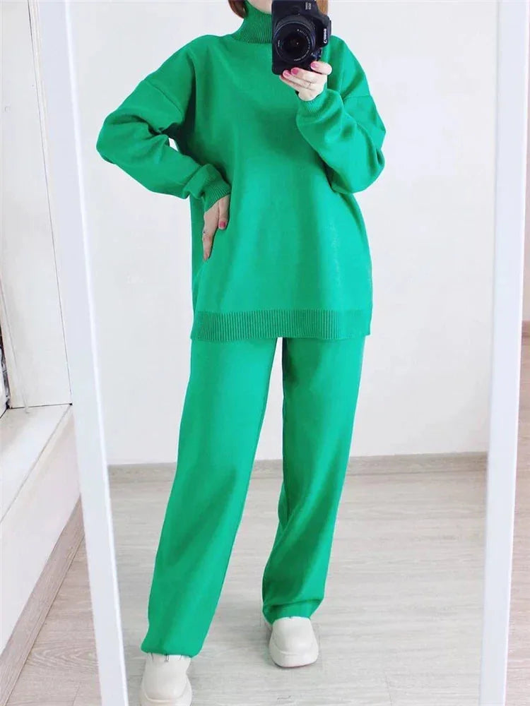 Knit Lounge Set with Longline Top — Green