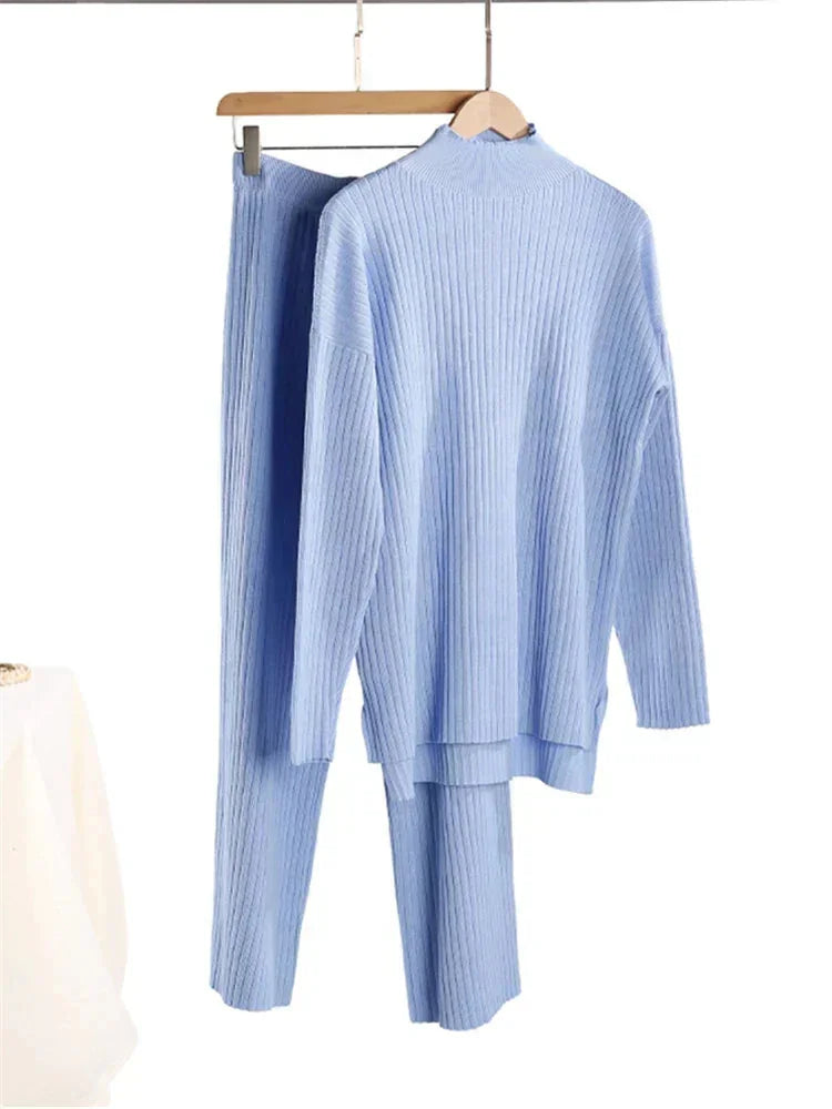 Knit Lounge Set with Longline Top — Sky Blue