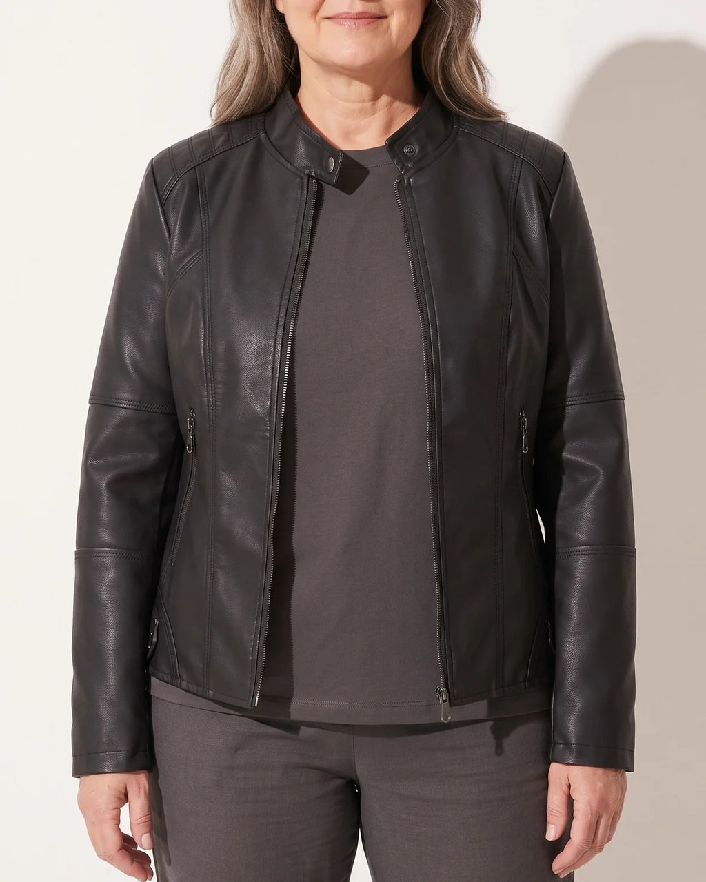 Women's Faux Leather Jacket – Red Stand-Collar Zip-Front