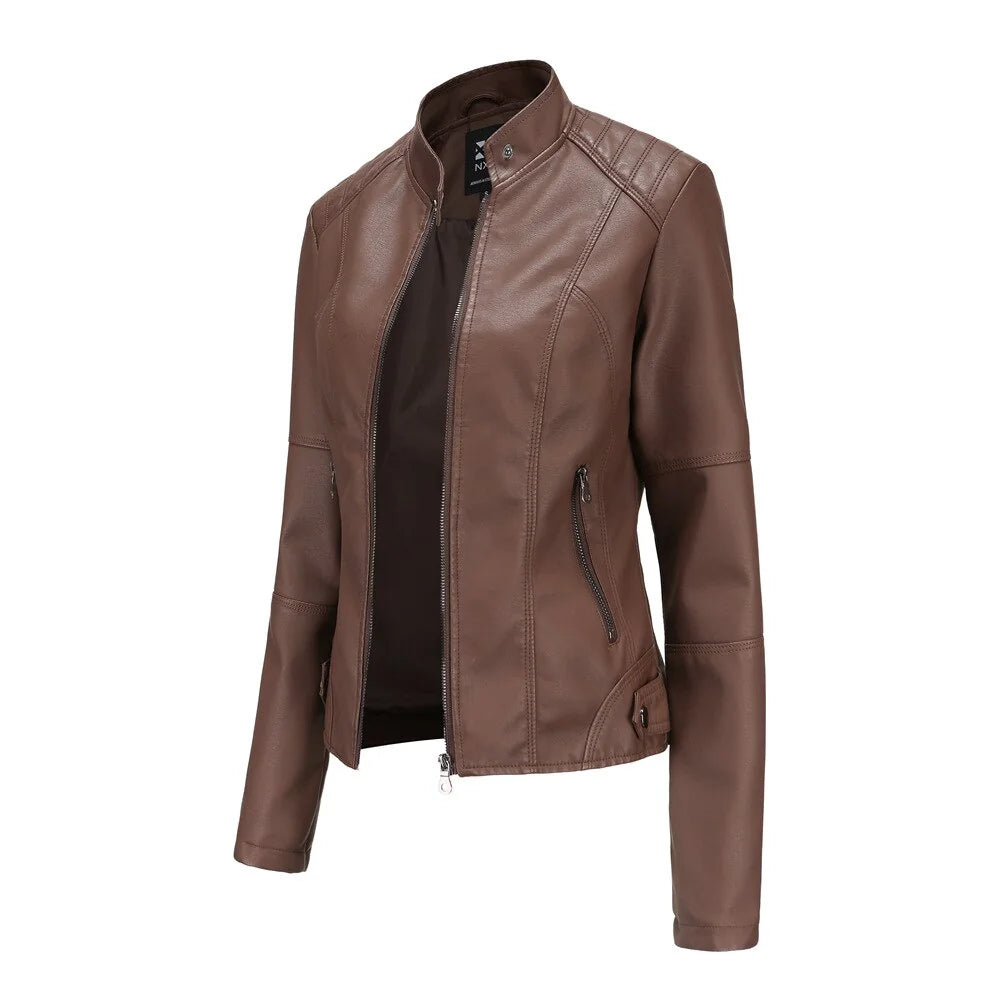 Women's Faux Leather Jacket – Red Stand-Collar Zip-Front