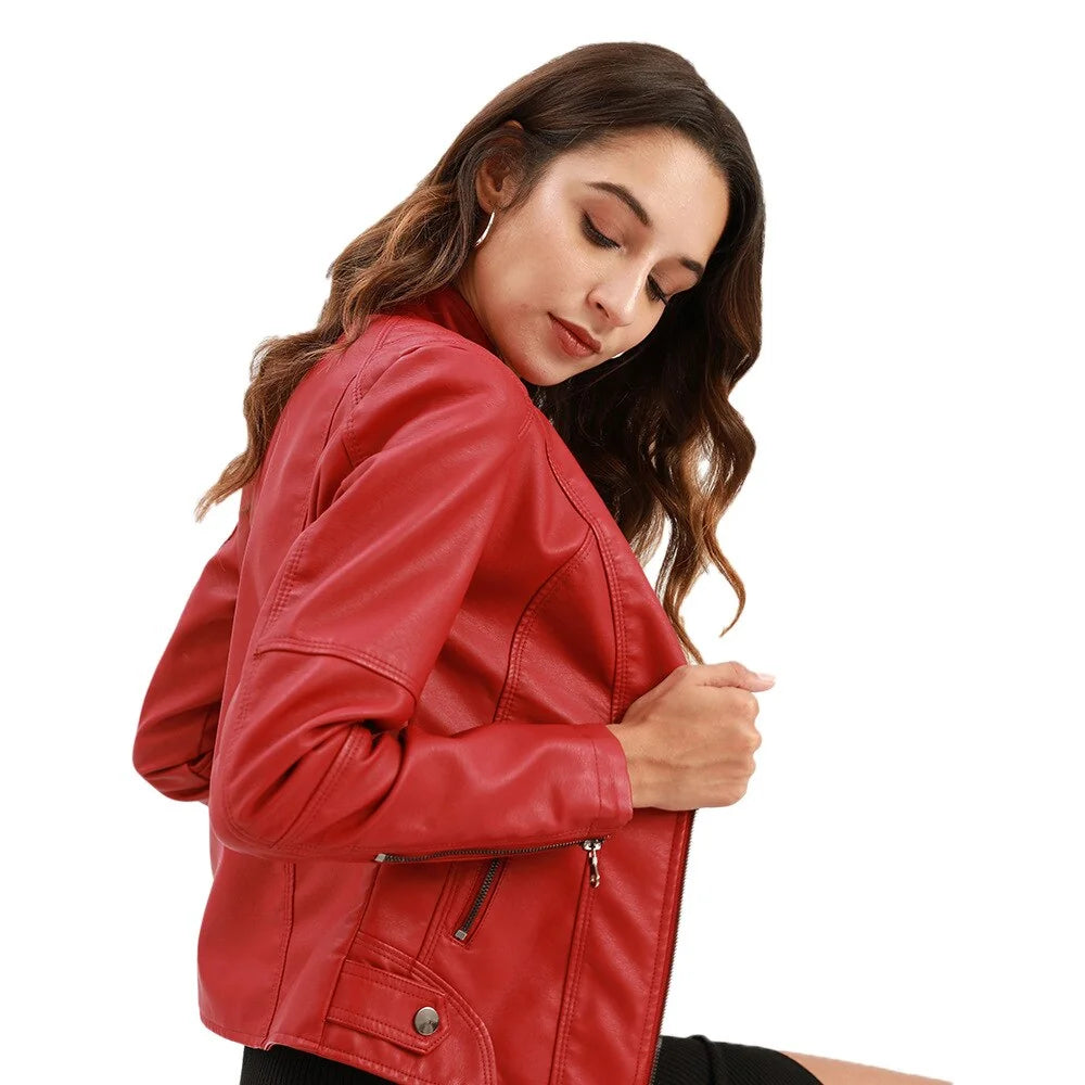 Women's Faux Leather Jacket – Red Stand-Collar Zip-Front