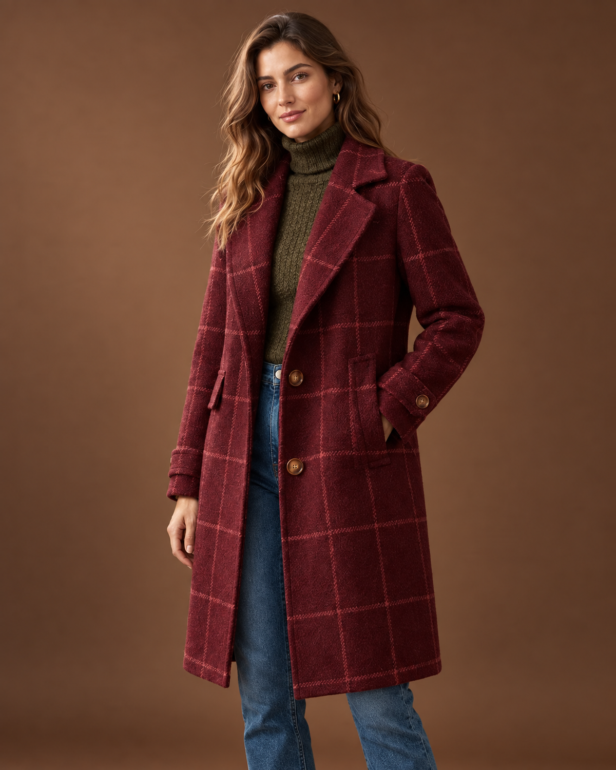 Belinda Check Coat in Burgundy, detail view