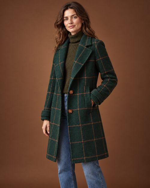 Belinda Check Coat in Dark green, detail view