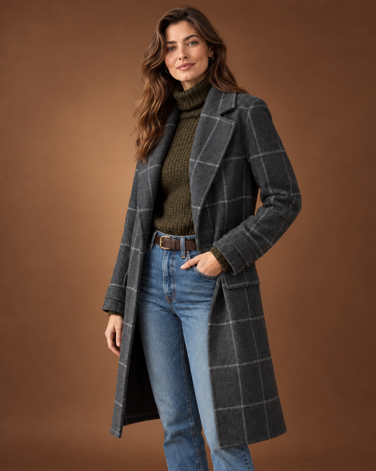 Belinda Check Coat in Grey, detail view