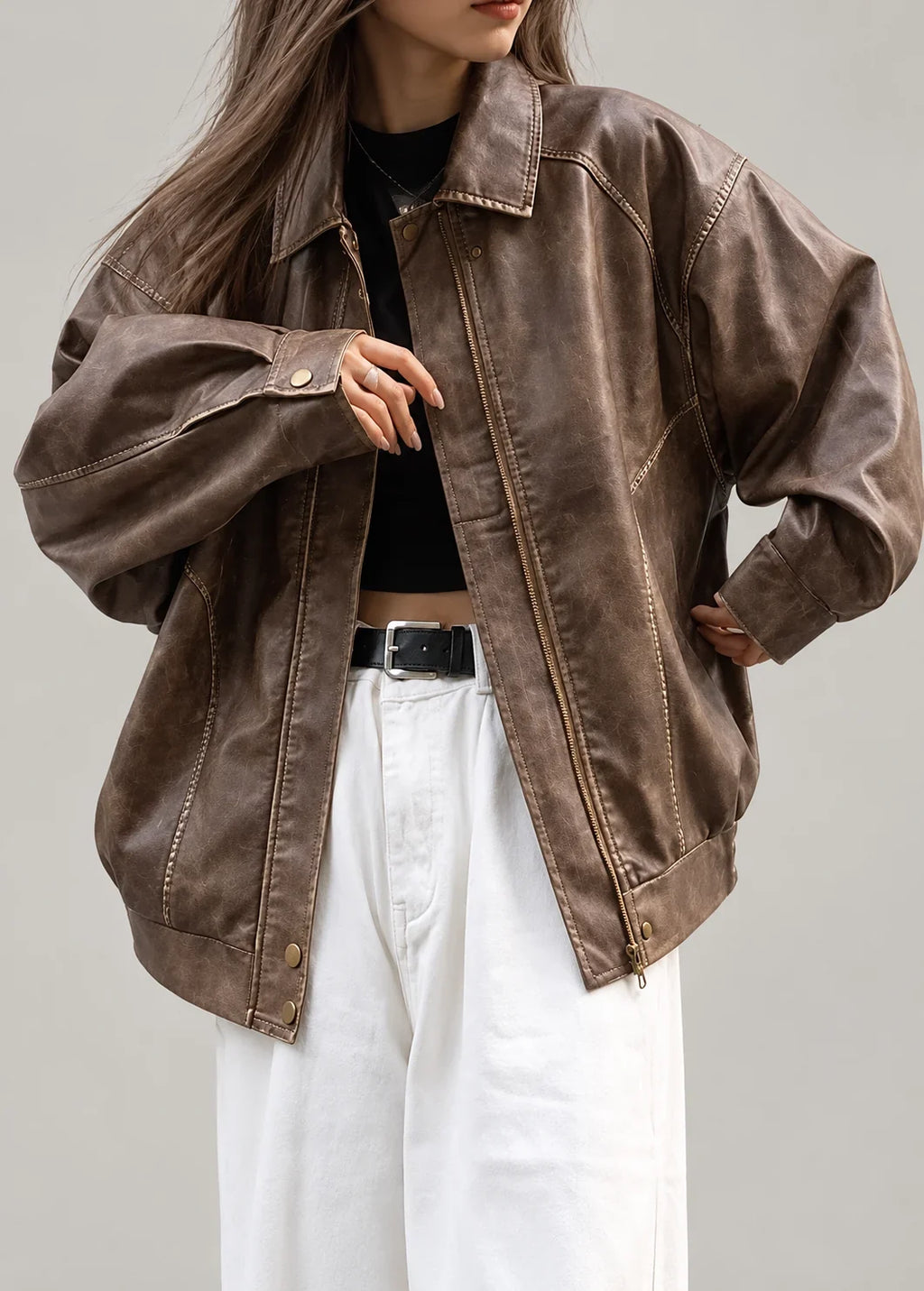 Brown Faux Leather Jacket Women - Oversized — first photo