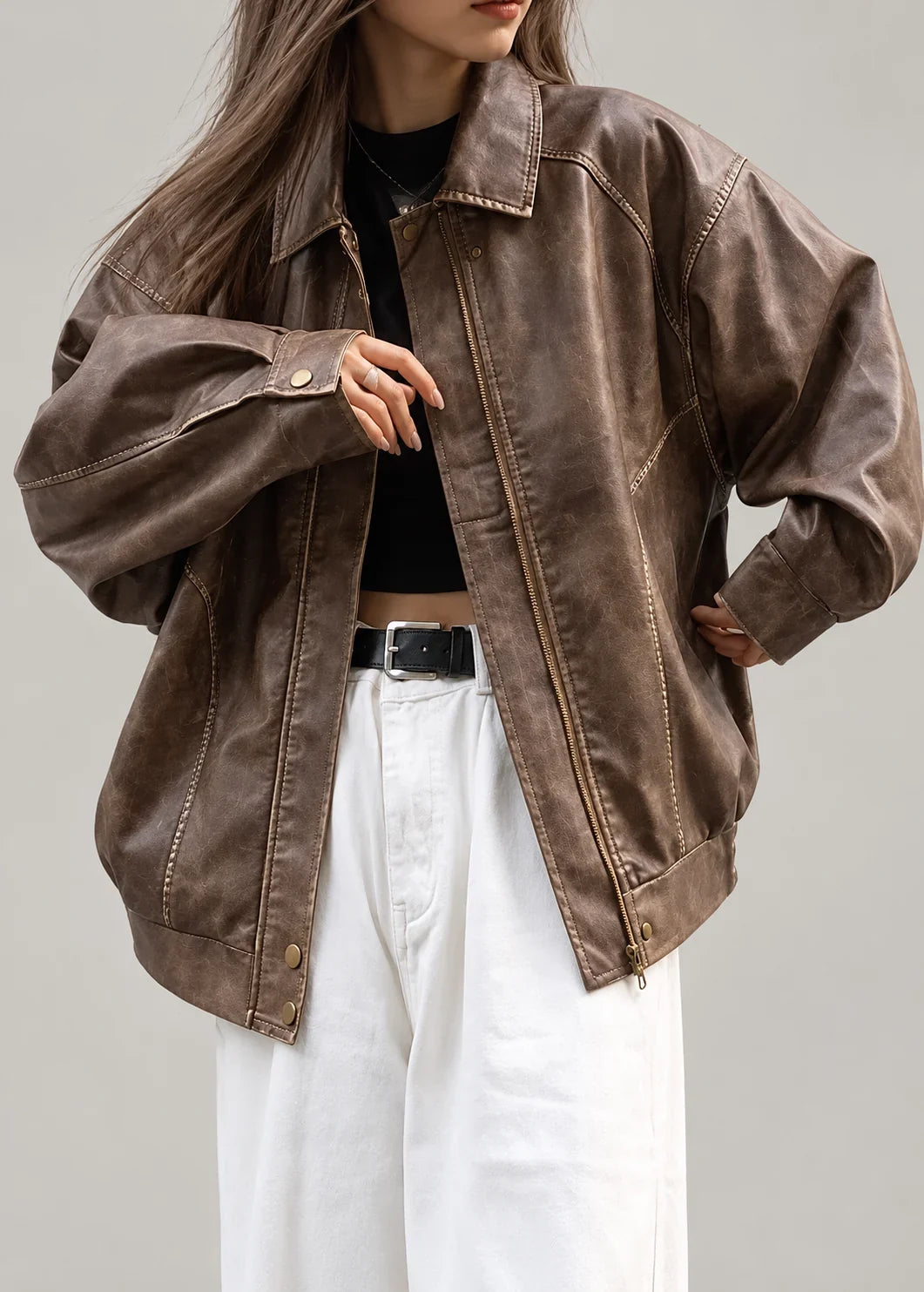 Brown Faux Leather Jacket Women - Oversized — first photo