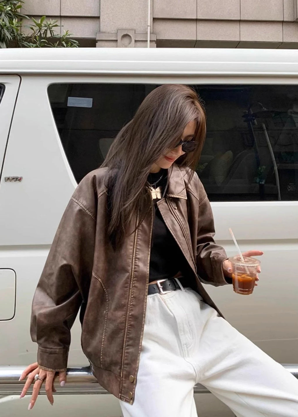 Brown Faux Leather Jacket Women - Oversized — product view 2