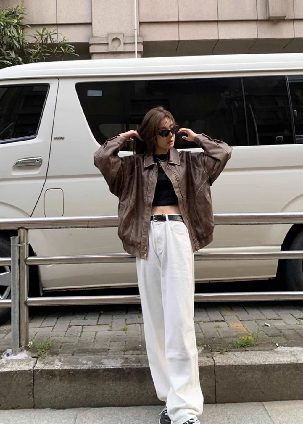 Brown Faux Leather Jacket Women - Oversized — product view 4