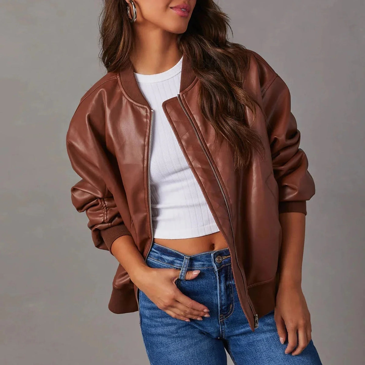 Faux Leather Bomber Jacket Women - Brown — original product photo
