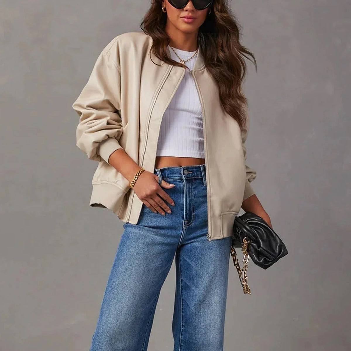 Faux Leather Bomber Jacket Women - Brown — original product photo