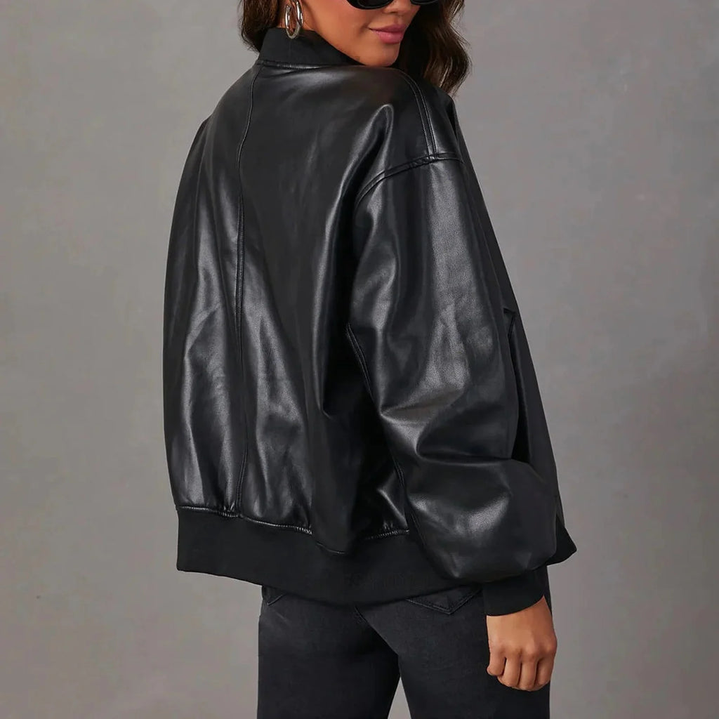 Faux Leather Bomber Jacket Women - Brown — original product photo
