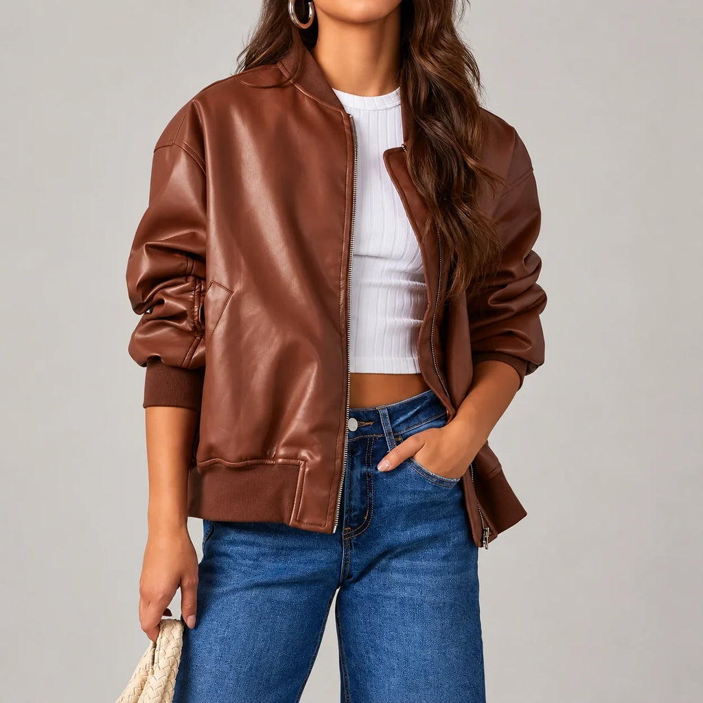 Faux Leather Bomber Jacket Women - Brown — first photo