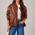 Faux Leather Bomber Jacket Women - Brown — first photo