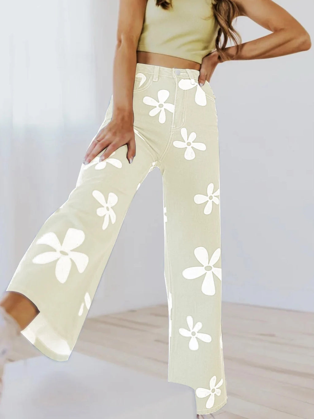 Floral Print Wide Leg Jeans Women - Apricot — original product photo