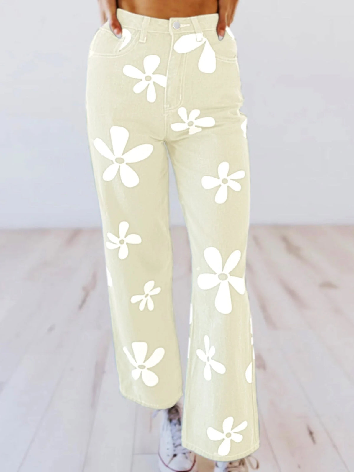 Floral Print Wide Leg Jeans Women - Apricot — product view 2