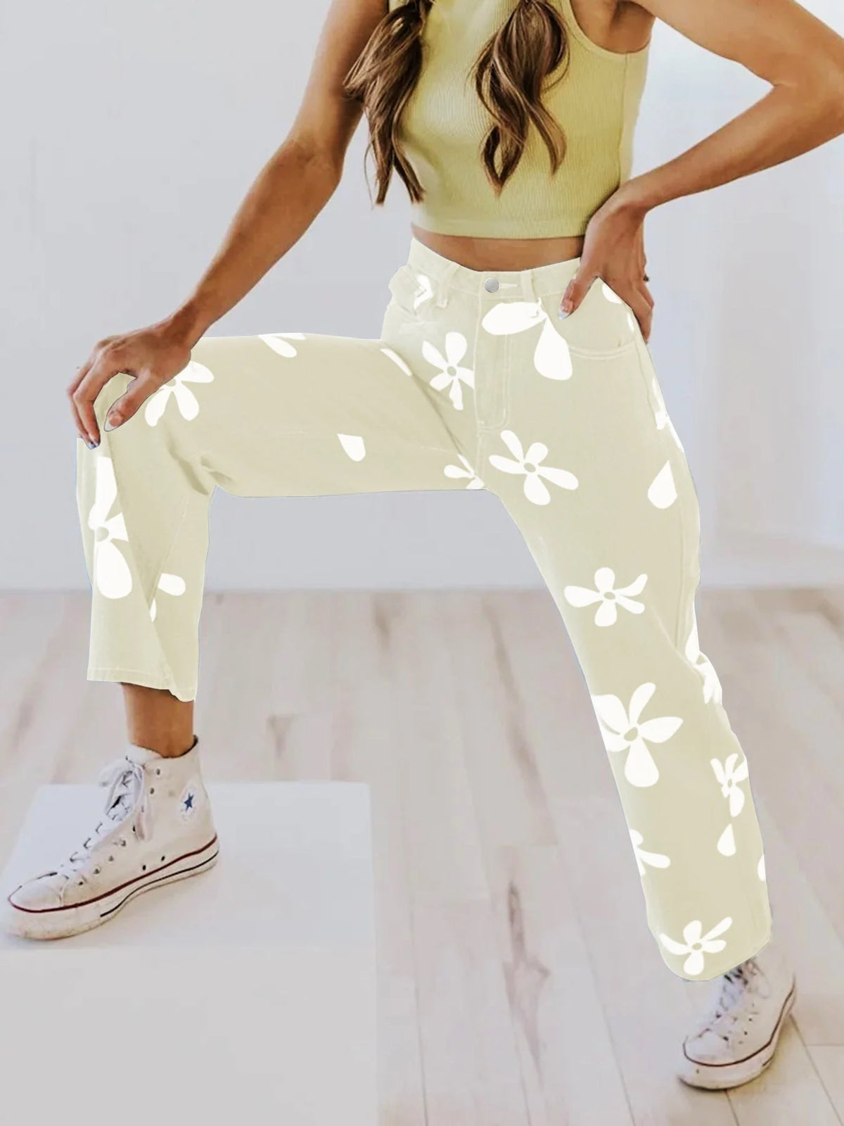 Floral Print Wide Leg Jeans Women - Apricot — product view 5