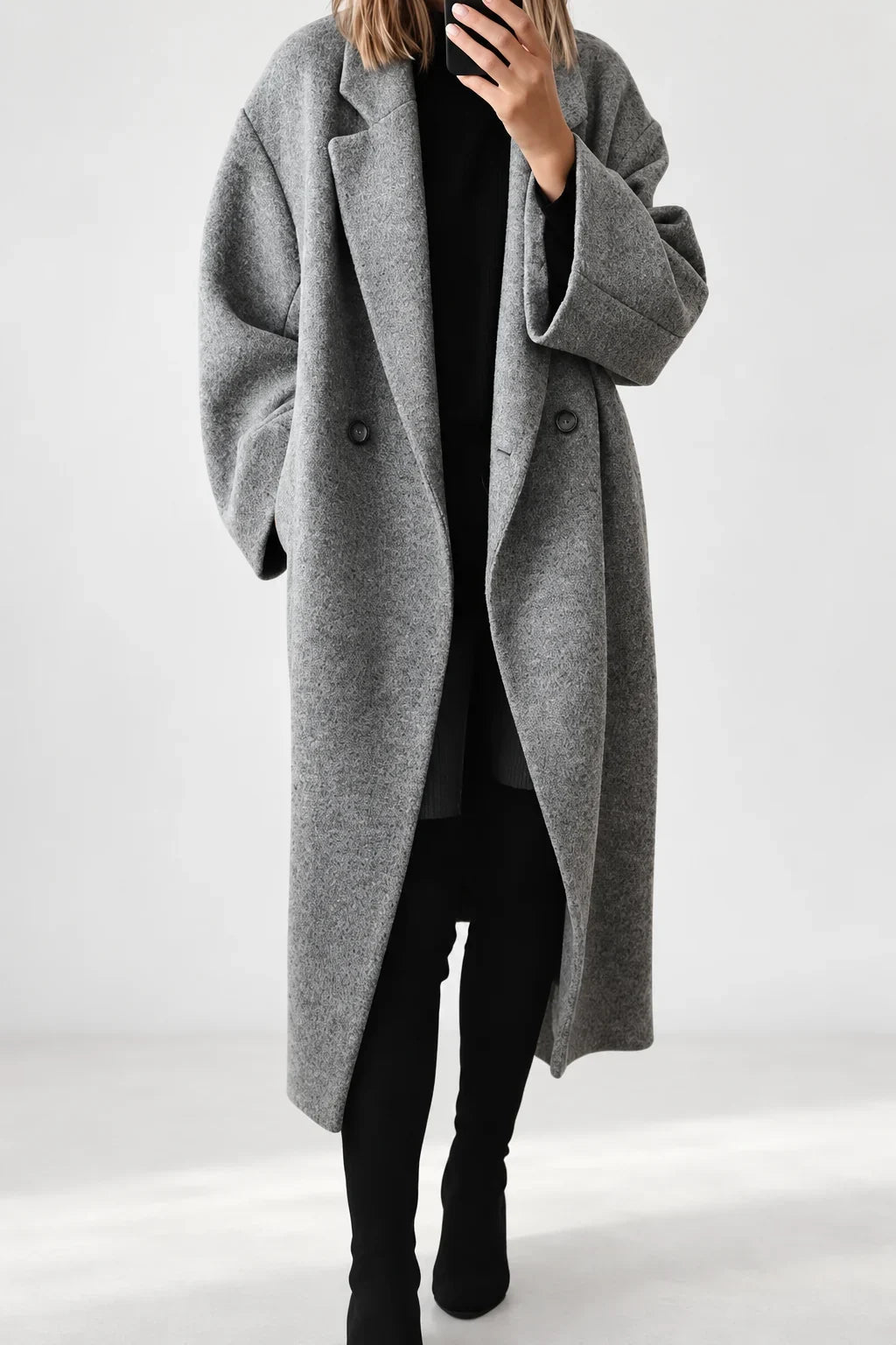Double Breasted Long Wool Blend Coat - Grey — first photo