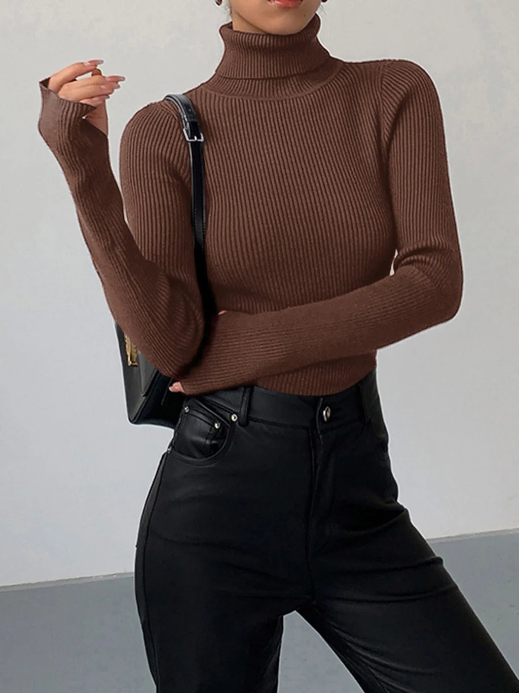 Textured Turtleneck Sweater Women - Black Ribbed — original product photo