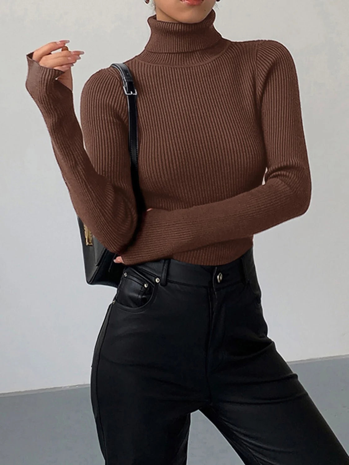 Textured Turtleneck Sweater Women - Black Ribbed — original product photo