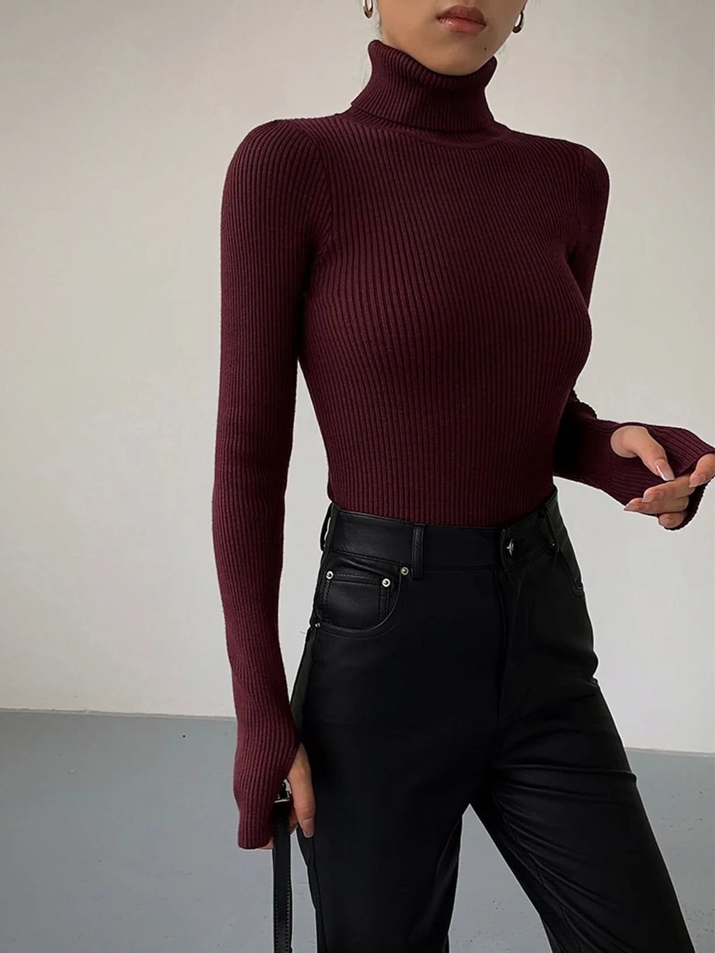 Textured Turtleneck Sweater Women - Black Ribbed — original product photo