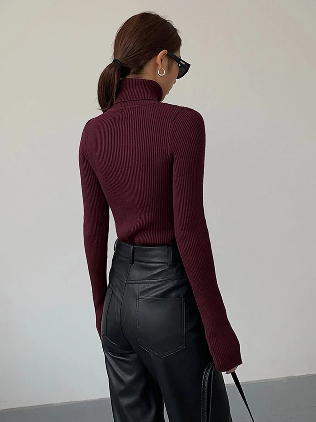 Textured Turtleneck Sweater Women - Black Ribbed — original product photo