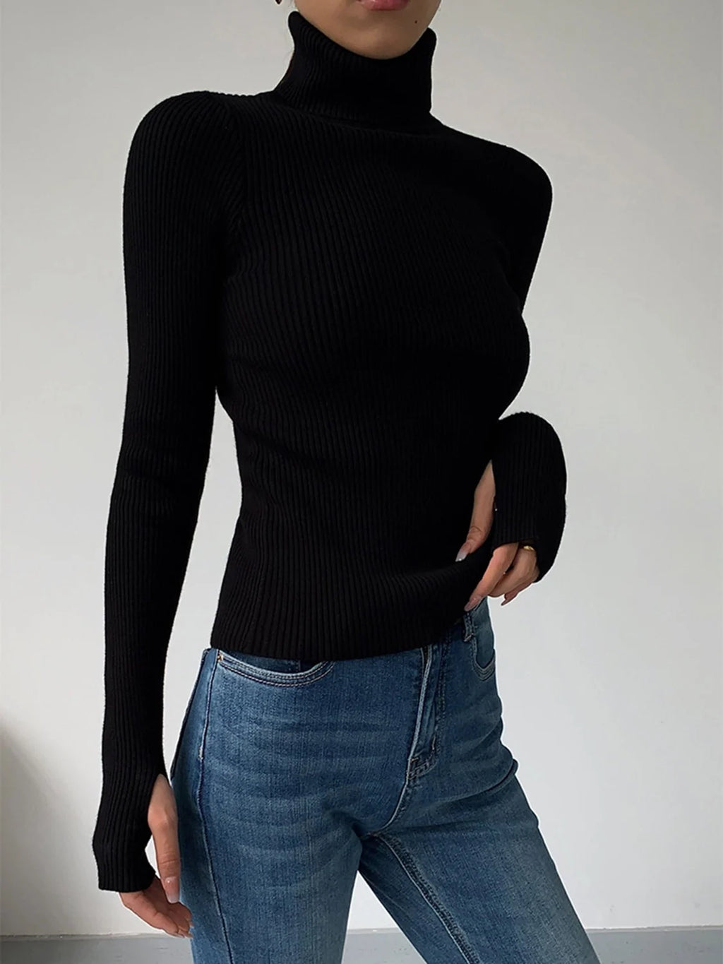 Textured Turtleneck Sweater Women - Black Ribbed — original product photo