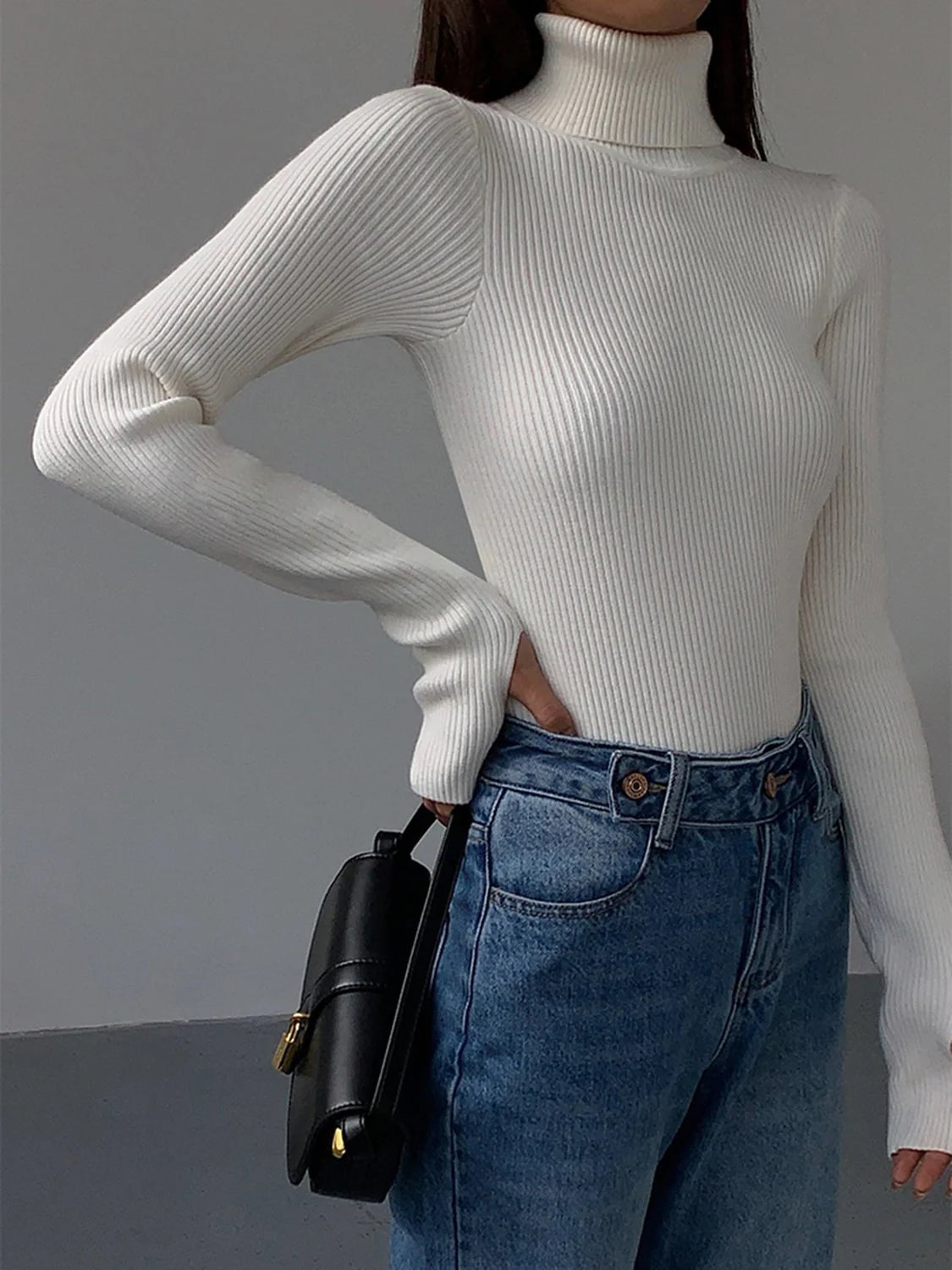Textured Turtleneck Sweater Women - Black Ribbed — original product photo